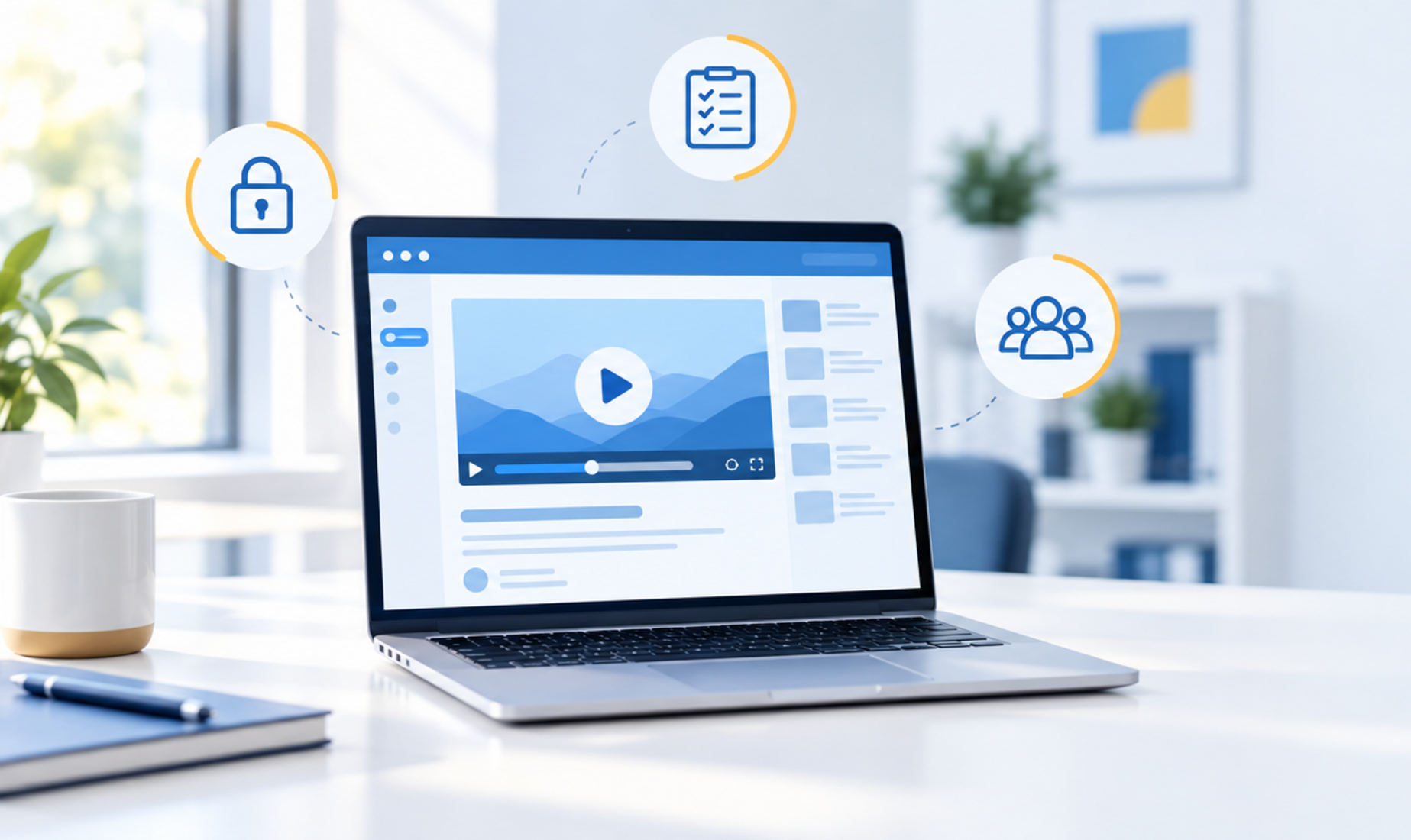 Laptop displaying an online leadership course with secure SCORM licensing icons